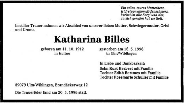 Billes Katharina 1912-1996 Todesanzeige